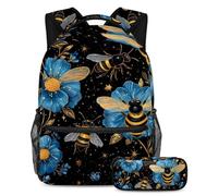 KengjuTesu Set di 2 zaini per ragazzi e ragazze, grande capacità con fiori blu, api, zaino per la scuola con astuccio, perfetto per studenti, adolescenti, viaggi ed escursioni, Multicolore, Taglia