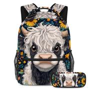 KengjuTesu Set di 2 zaini per ragazzi e ragazze, grande capacità, con girasoli, mucca delle Highland Cow con astuccio, perfetto per studenti, ragazzi, viaggi ed escursioni, Multicolore, Taglia unica,