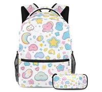 KengjuTesu Set di 2 zaini per ragazzi e ragazze, grande capacità, con grazioso astuccio per la scuola, con stelle, luna e nuvola, perfetto per studenti, ragazzi, viaggi ed escursioni, Multicolore 6