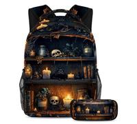 KengjuTesu Set di 2 zaini per ragazzi e ragazze, grande capacità con libreria magica con teschio e gatto, con astuccio, perfetto per studenti, ragazzi, viaggi ed escursioni, Multicolore 3, Taglia