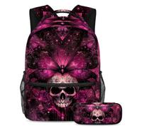 KengjuTesu Set di 2 zaini per ragazzi e ragazze, grande capacità con libreria magica con teschio e gatto, con astuccio, perfetto per studenti, ragazzi, viaggi ed escursioni, Multicolore 7, Taglia