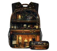 KengjuTesu Set di 2 zaini per ragazzi e ragazze, grande capacità con libreria magica con teschio e gatto, con astuccio, perfetto per studenti, ragazzi, viaggi ed escursioni, Multicolore 1., Taglia