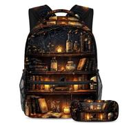 KengjuTesu Set di 2 zaini per ragazzi e ragazze, grande capacità con libreria magica con teschio e gatto, con astuccio, perfetto per studenti, ragazzi, viaggi ed escursioni, Multicolore 4., Taglia