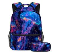 KengjuTesu Set di 2 zaini per ragazzi e ragazze, grande capacità, con meduse viola incandescente, con astuccio, perfetto per studenti, ragazzi, viaggi ed escursioni, Multicolore 1., Taglia unica