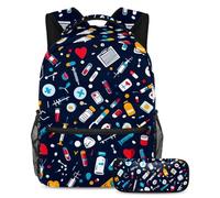 KengjuTesu Set di 2 zaini per ragazzi e ragazze, grande capacità, con sfondo scuro, borsa per la scuola dei medicinali, con astuccio, perfetto per studenti, ragazzi, viaggi ed escursioni, Multicolore,