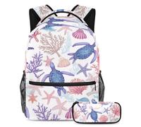 KengjuTesu Set di 2 zaini per ragazzi e ragazze, grande capacità, con tartaruga viola, stella marina, conchiglia, con astuccio, perfetto per studenti, ragazzi, viaggi ed escursioni, Multicolore 2