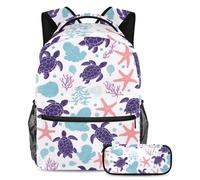 KengjuTesu Set di 2 zaini per ragazzi e ragazze, grande capacità, con tartaruga viola, stella marina, conchiglia, con astuccio, perfetto per studenti, ragazzi, viaggi ed escursioni, Multicolore 1