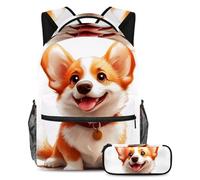 KengjuTesu Set di 2 zaini per ragazzi e ragazze, grande capacità di arte digitale dei cartoni animati Corgis con astuccio, perfetto per studenti, ragazzi, viaggi ed escursioni, Multicolore, Taglia
