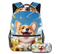 KengjuTesu Set di 2 zaini per ragazzi e ragazze, grande capacità Happy Corgis girasoli con astuccio, perfetto per studenti, ragazzi, viaggi ed escursioni, Multicolore, Taglia unica, Zaini Daypack
