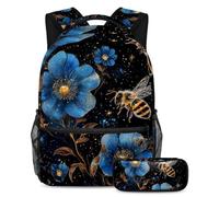 KengjuTesu Set di 2 zaini per ragazzi e ragazze, grande capacità, motivo api, fiori blu stellato, con astuccio, perfetto per studenti, ragazzi, viaggi ed escursioni, Multicolore, Taglia unica, Zaini