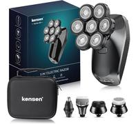 KENSEN Rasoio Elettrico Barba, Rasoio Testa Calva 7D, Tagliacapelli Uomo 5 in 1 Kit Impermeabile con 5 Testine Rotanti per Capelli Barba Naso Orecchie e Viso Pulito