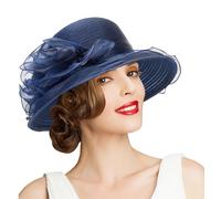 Kentucky - Cappelli derby in organza per donne, cappello da sole a tesa larga per chiesa, Fiore blu navy, M