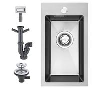 KEOKBON 28 x 50 cm, piccolo lavello Nano argento, lavello da incasso con scarico, lavello da cucina con foro per rubinetto, in acciaio inox, rettangolare, lavello da cucina, 1 bacino incluso valvola