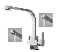KEOKBON Rubinetto da cucina a 3 vie, girevole a 360°, miscelatore 3 in 1, per filtro dell'acqua, rubinetto con 3 tubi (G3/8: 2 x 50 cm, G1/2: 1 x 25 cm), elegante design quadrato, cromato