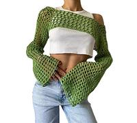 KEOMUD Top Corto da Donna a Maniche Lunghe Traforato a Maglia Corta Bikini Spiaggia Trasparente, Verde, M