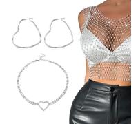 KEORHEZ 1 top con glitter da donna, top in rete, trasparente, con cristalli, include 1 collana a clavicola a cuore e 1 orecchino a forma di cuore (V - bianco)