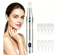KEPEAK Nano Microneedling Pen - Display LED a 5 livelli, Ricaricabile Micro Needling Pen per il viso, con 10 cartucce Nano per uso domestico - Argento
