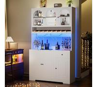 kepptory Armadietto da bar con LED e stazione di ricarica, 182,9 cm, in legno, con 3 ante in acrilico e scaffale per vino e bicchieri, armadietto alto da cucina con supporto per microonde, bianco