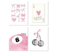 Kepuarm 4 Pezzi Decorazioni da Parete Arte Decor Rosa Preppy con Cornice - Decorazione per Stanza Coquette, Poster con Fiocco Palla 8 Palla da Discoteca Ciliegia per Ragazze Adolescenti Decorazioni