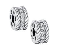 KEQ Distanziatore a clip per braccialetto, in argento 925, con pavé di zirconia cubica, distanziatore per braccialetti Pandora, regali di Natale, perline apribili europee, 2 pezzi, MINI, Argento