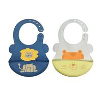 KEQAR 2 Pezzi Bavaglino Silicone per Bambini, Bavaglino Svezzamento con Tasca Raccoglipappa, 5 Bottoni Regolabili, BPA Free, Facile da Pulire, Impermeabile per Neonati Maschi e Femmine (Leone + Tigre)