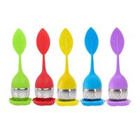 KEQAR 5 pezzi Infusore per tè in acciaio inox e silicone - Filtro tè con coperchio e sottobicchiere - Infusore per tisane e tè sfuso - Lavabile in lavastoviglie (Motivo foglia)