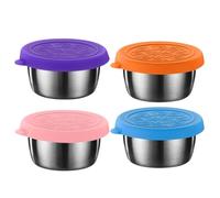 KEQAR Set 4 mini flaconi 50 ml acciaio inox - barattoli salse, coperchi silicone colorati, riutilizzabili, anti-goccia