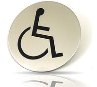 Kerafactum Targhetta per WC con disabili, per sedia a rotelle, guidatore di sedie a rotelle, targhetta per la porta del WC, rotonda, in acciaio inox opaco, lucido, con motivo con Pictogramma