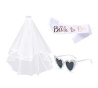 Keratobleem Set di 3 Addio Nubilato Accessori-Velo da Sposa Bianco,Occhiali da Sole Cuore con Perla, Sposa di Essere Bride to be Satin Sash, per Hen Feste Notte