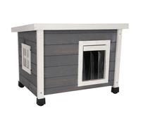 Kerbl Rustica Casetta per gatti in legno, porta a doghe, finestra in plexiglas, piedini in plastica regolabili in altezza, Grigio/Bianco, 57 x 45 x 43 cm