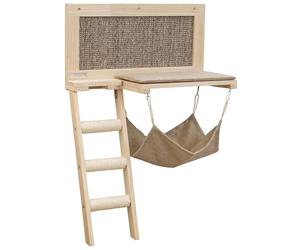 Kerbl Pet Tavola per sdraiarsi Timber, per Gatti, A Parete, Mobili per Gatti, con tiragraffi, Cuscini Lavabili, Gradini a Colonna in sisal, Legno, Marrone, 58 x 89 cm