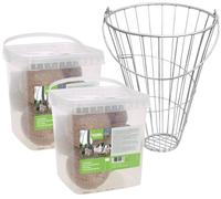 Kerbl Set palle per galline - Palla da beccare Cesto per mangime + 2 secchi di Palle da beccare da 5 kg