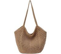 KERLYING Aesthetic Mesh Beach Tote Bag for Women, Hollow Out Beach Shoulder Purse, Crochet Bags for Holiday Work Everyday Summer (Khaki)