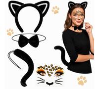 KERYBW Set di 4 costumi da gatto, cerchietto per capelli e coda per | Set di 4 cerchietti con orecchie di gatto, coda flessibile, collare con fiocco, adesivi per il viso, per carnevale e cosplay