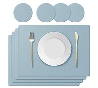 KERYCHIN Set di 4 tovagliette in silicone + 4 sottobicchieri antiscivolo con motivo a foglie, resistenti al calore 230°C, impermeabili, per cucina, casa, ristorante, tavolo da pranzo, 40x30cm, azzurro