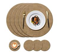 KERYCHIN Set di 4 tovagliette rotonde in pelle (34 cm) e 4 sottobicchieri (10 cm), resistenti al calore 100 °C, antiscivolo e impermeabili, interni ed esterni, tavolo da pranzo in vetro (beige)