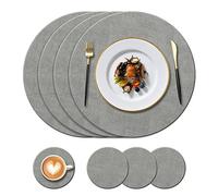 KERYCHIN Set di 4 tovagliette rotonde in pelle (34 cm) e sottobicchieri (10 cm), resistenti al calore a 100 °C, antiscivolo e lavabili, per casa, hotel, cucina, tavolo da pranzo in vetro, (grigio)