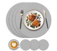 KERYCHIN Set di 4 tovagliette rotonde in silicone (34 cm) e 4 sottobicchieri (10 cm), resistenti al calore fino a 232 °C, antiscivolo e lavabili, per ristorante, interni ed esterni, Grigio Chiaro