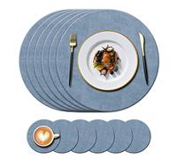 KERYCHIN Set di 6 tovagliette rotonde in pelle (34 cm) e sottobicchieri (10 cm) resistenti al calore, antiscivolo e lavabili, tovagliette per casa, hotel, cucina, tavolo da pranzo, colore: blu