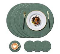 KERYCHIN Set di tovagliette rotonde in pelle lavabili (34 cm) e sottobicchieri (10 cm), resistenti al calore 100 °C, antiscivolo e impermeabili, facili da pulire per ristorante, 8 pezzi, (verde)