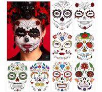 Kesote 16 fogli di tatuaggio Halloween per il viso, teschio morto floreale scheletro colorato tatuaggi effimeri per cosplay trucco Halloween