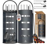 KESSER® Accessori per camino Kit caminetto da 5 pezzi - design moderno, rivestito, Set per caminetto 5 pezzi: scopino, paletta, attizzatoio, pinza, supporto porta-attrezzi, d'argento
