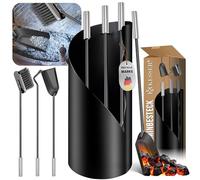 KESSER® Accessori per camino Kit camino da 4 pezzi - design moderno, rivestito, Set per caminetto di alta qualità composto da 4 pezzi: scopino, paletta, attizzatoio, supporto acciaio, manici, Nero