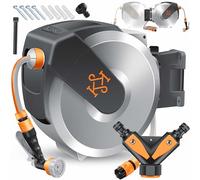 KESSER® Avvolgitubo con Tubo da Giardino 15 m, a Parete, Avvolgitubo girevole a 180° e a rientro automatico, Portagomma a Parete con Doccia a mano a 7 funzioni, Grigio Chiaro/Grigio