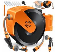 KESSER® Avvolgitubo con Tubo da Giardino 30 m, a Parete, Avvolgitubo girevole a 180° e a rientro automatico, Portagomma a Parete con Doccia a mano a 7 funzioni, Nero/Arancione