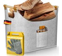 KESSER Cestino per legna da ardere, 60 litri, feltro extra spesso, pieghevole, manici in legno rinforzati, per legno, giornali o legna da ardere, inclusi guanti da lavoro