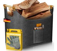 KESSER® Cestino per legna da ardere, 60 litri, in feltro extra spesso, pieghevole, con manici in legno rinforzati, per legno, giornali o legna da ardere, inclusi guanti da lavoro