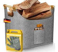 KESSER® Cestino per legna da ardere, 90 litri, in feltro extra spesso, pieghevole, con manici in legno rinforzati, per legno, giornali o legna da ardere, inclusi guanti da lavoro