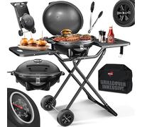 KESSER® Griglia elettrica 2in1 da tavolo - griglia da terra con coperchio | max. 2400 Watt | Pieghevole | Termostato | Rivestimento antiaderente | Piastra griglia tavoli di appoggio | 2 ruote | incl