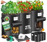 KESSER® Sacco per la Semina delle Patate 27 Litri - Set di 6, in Pile con Targhette, Sacco per la Semina con Finestra e Maniglie, Lavabile, con Guanti e Tappetino da Lavoro, Nero